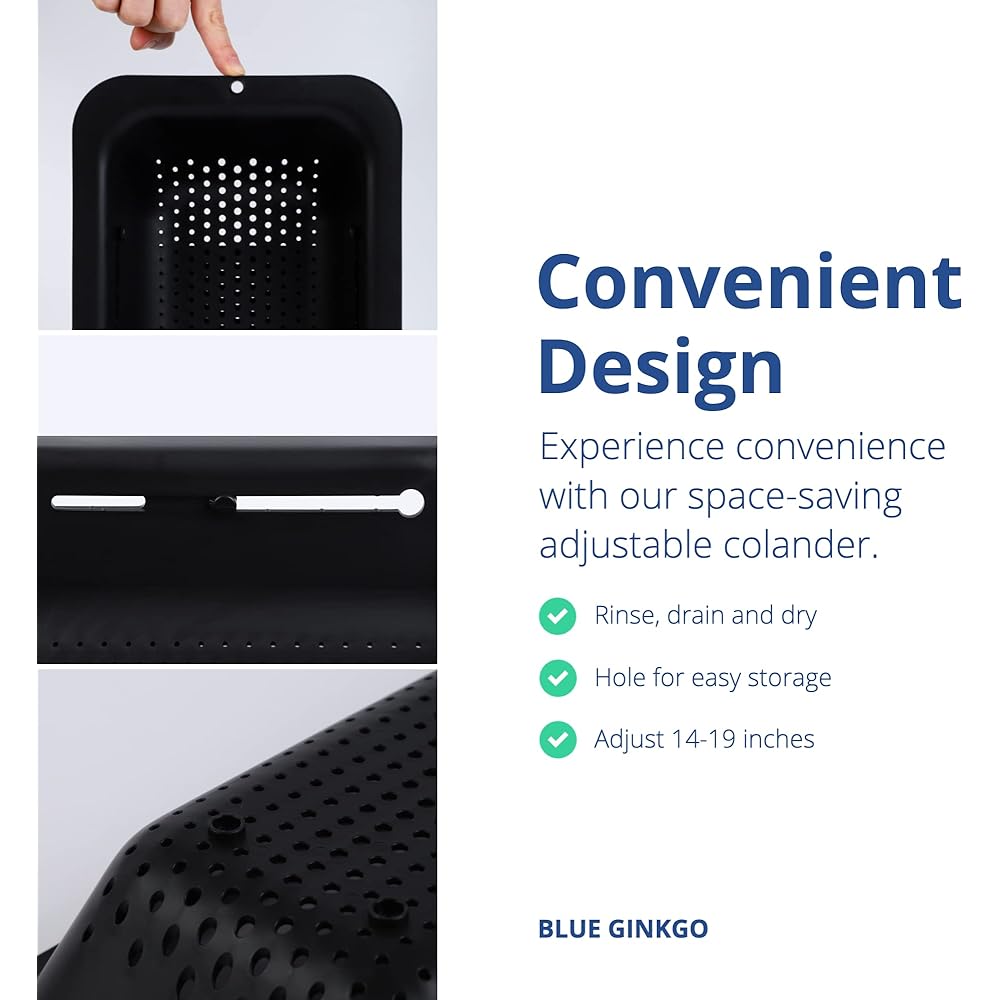 BLUE GINKGO Sink Colander Basket - (2 Pack) for Washing Vegetables and Fruits, Draining Cooked Pasta, Dish Drying - Expandable - Home Kitchen Essentials (2 Black)