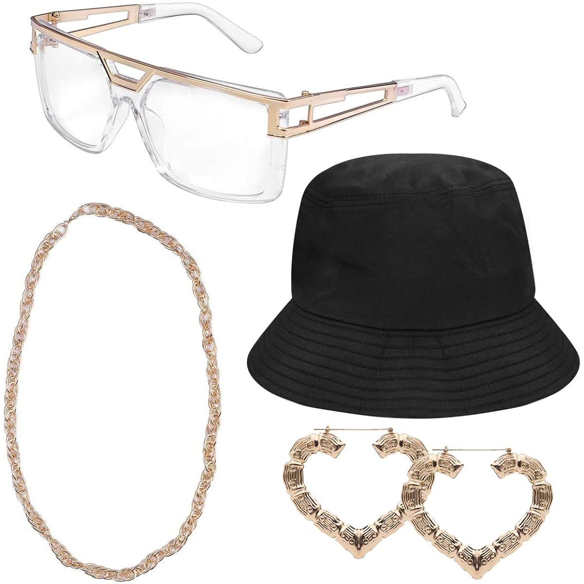 Lohoee 80s/90s Women's Hip Hop Costume Kit Gold Chain DJ Rapper Bucket Hat Glasses Bamboo Hoop Earrings Punk Hip Hop Rapper Costume Kit