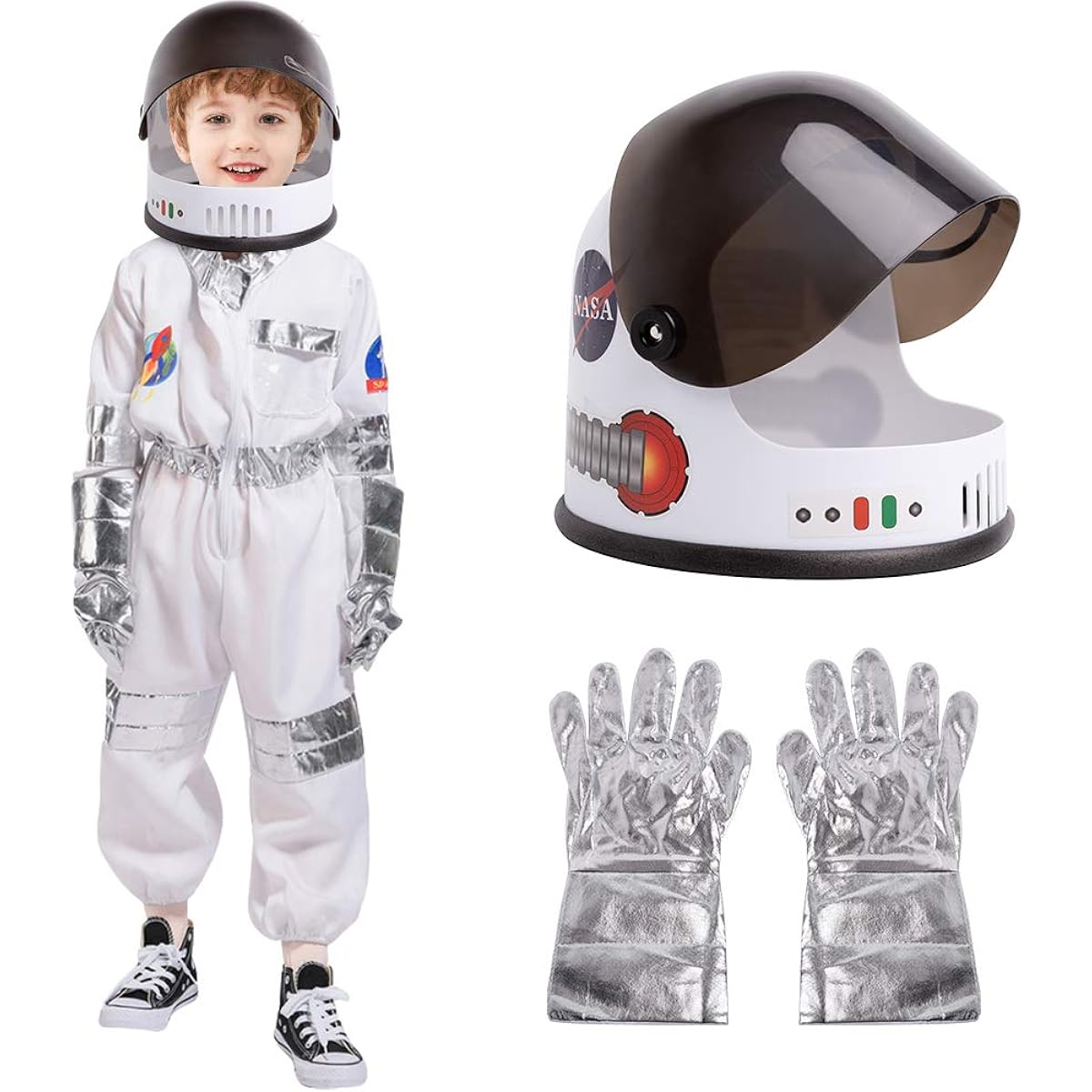eccbox Astronaut Costume for Kids, Space Pretend Role Play, Dress Up, with Astronaut Helmet, Halloween Costume, Boys and Girls, Ages 3-7, White