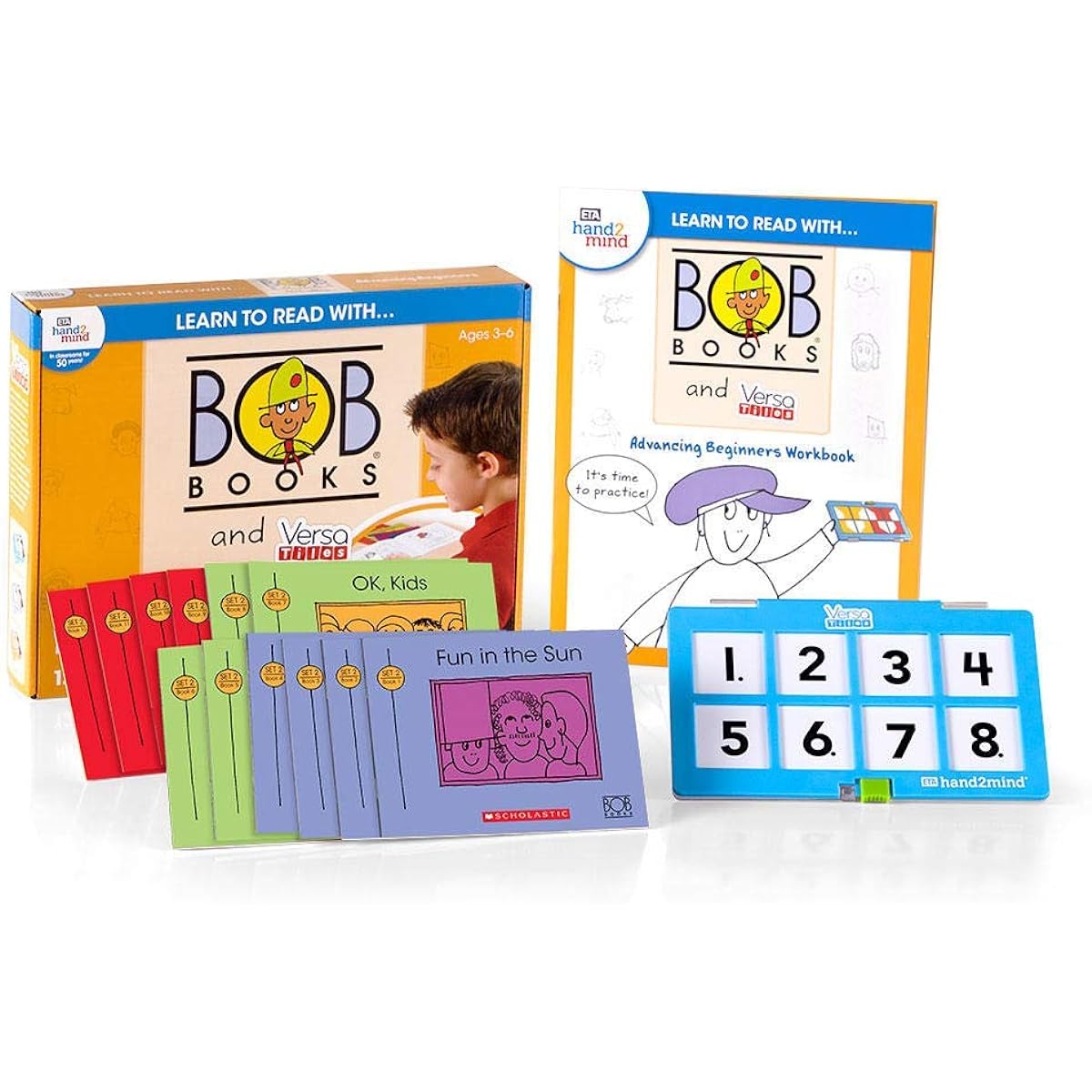 Learning. Bob Books and VersaTiles. Beginner's set with 12 Bob Books, answer case, and workbook (ages 3-6).