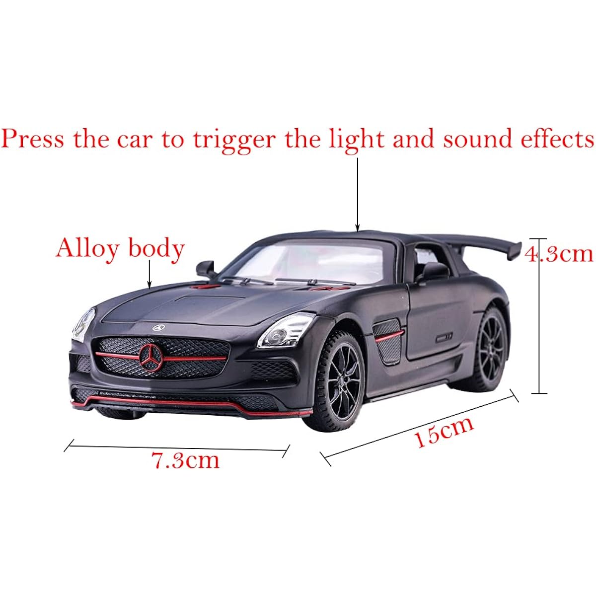 iLooboo Alloy Collectible Black Benz SLS AMG Toy Vehicle Pull Back Diecast Car Model with Lights and Sounds