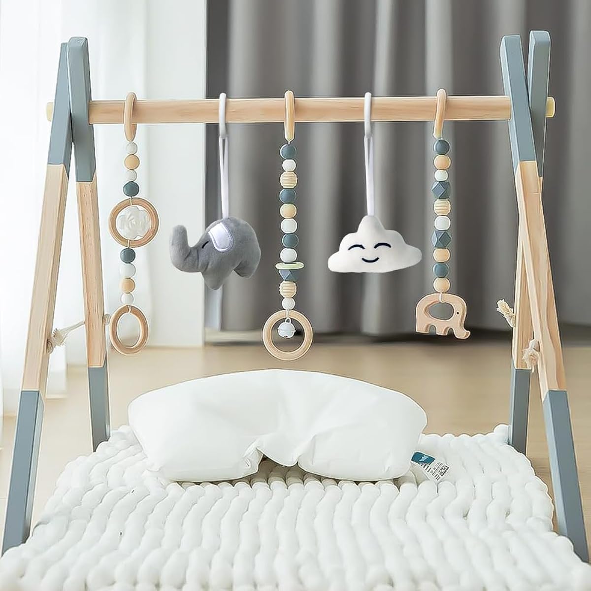 Wooden Baby Play Gym Foldable Frame Activity Gym Hanging Bar with 5 Gym Baby Toys Natural Gift for Newborn Baby (Foldable Grey)