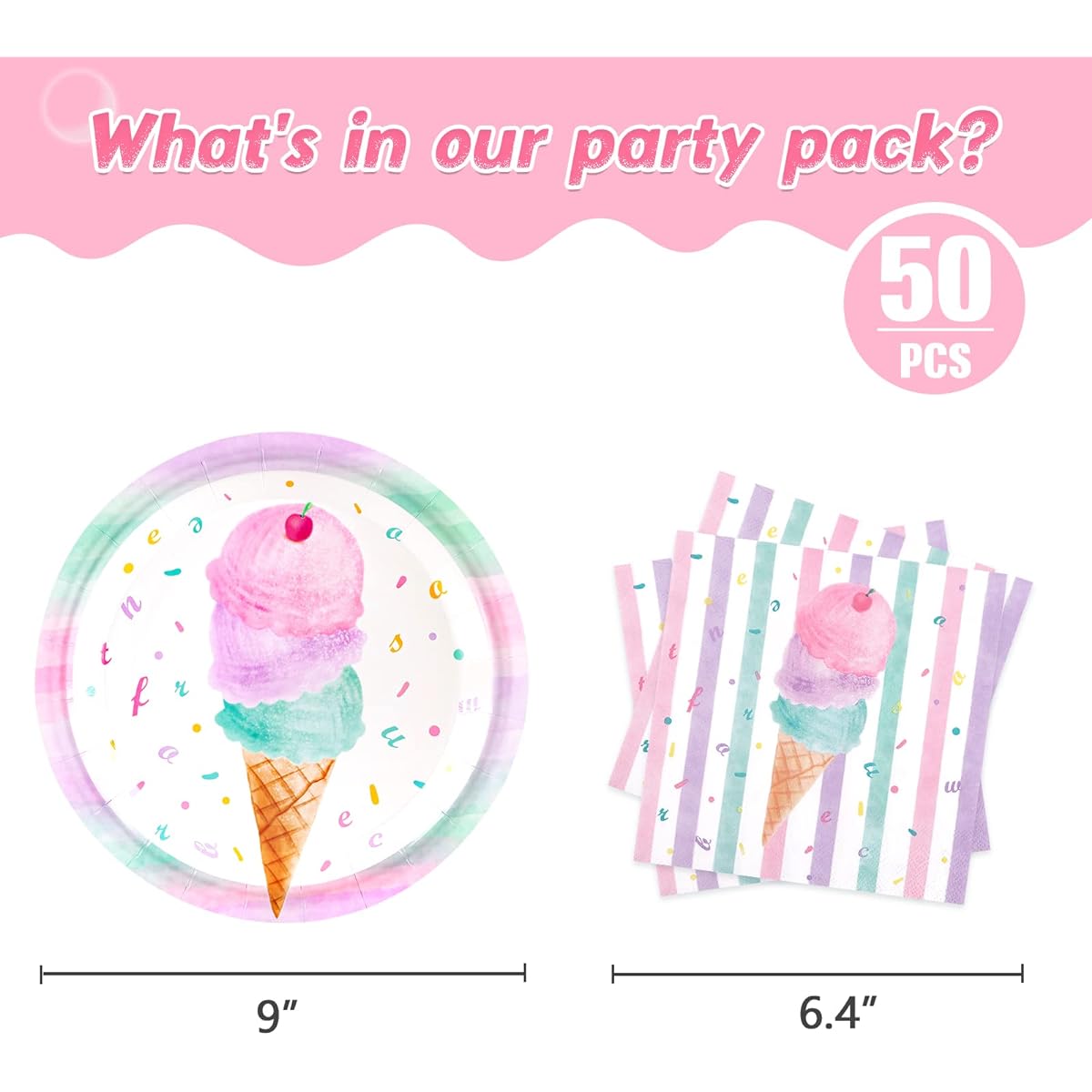 WERNNSAI Ice Cream Party Plates and Napkins for 50-100 Guests Pink Sweet Ice Cream Themed Party Supplies for Girls Birthday Baby Shower Pool Summer Celebration Dinner Picnic Party Tableware