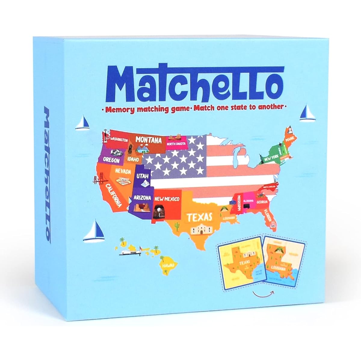 Matchello Memory Matching Game - Learn Geography for Kids - 50 States Matching Game - Educational and Fun State Cards for Kids and Adults - Colorful Cards - Ages 7+