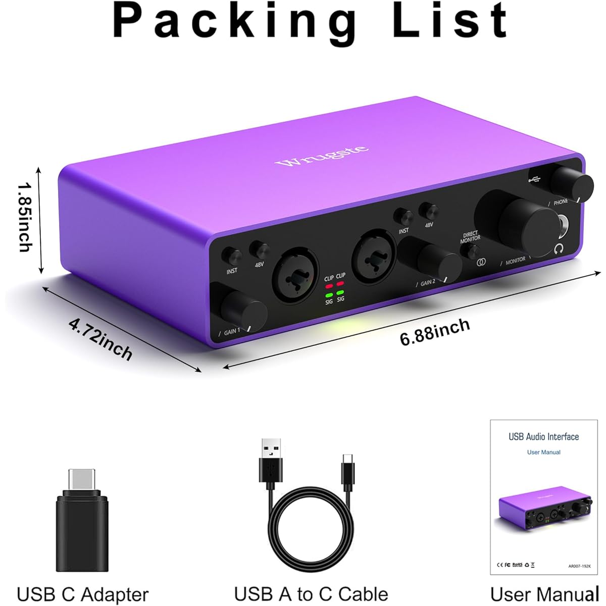 Wrugste(24-bit/192kHz) 2i2 Audio Interface for Podcasting and Streaming Recording Plug & Play Noise-Free XLR Audio Interface Ultra-Low Latency +48V Phantom Power for PC