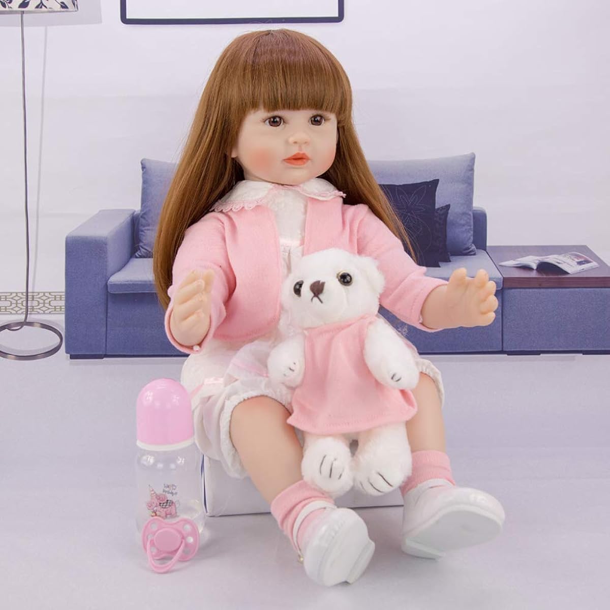 Reborn Baby Silicone Doll Soft Body 24inch Toddler Doll 60cm Pink Clothes Long Hair Birthday Day Gift