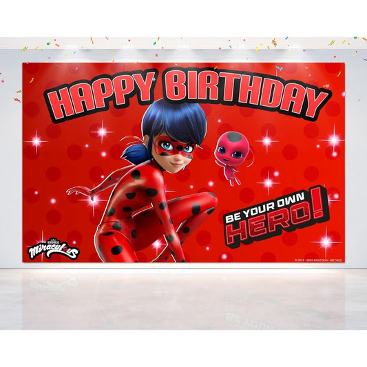 5x3ft Miraculous Ladybug Backdrop V3 for Birthday Party Decorations Cartoon Miraculous Ladybug Background for Theme Birthday