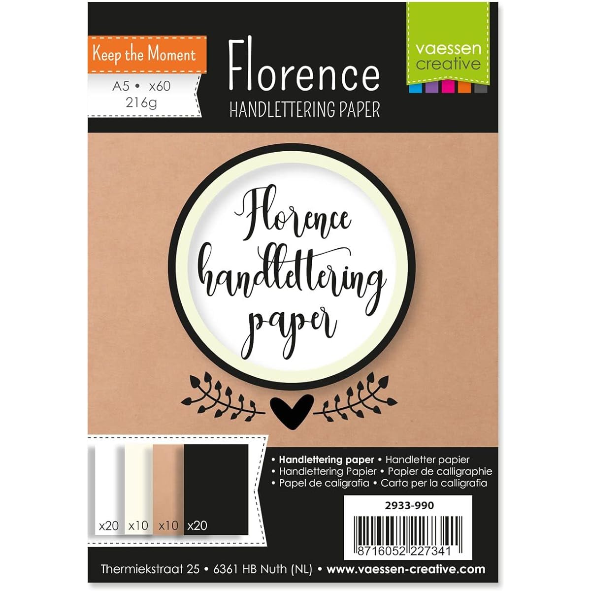 Vaessen Creative Florence Hand Lettering Paper A5 216GSM 60 Sheets White Ivory Brown Black for Calligraphy Brush Lettering Art Projects Craft Ideas 2933-990