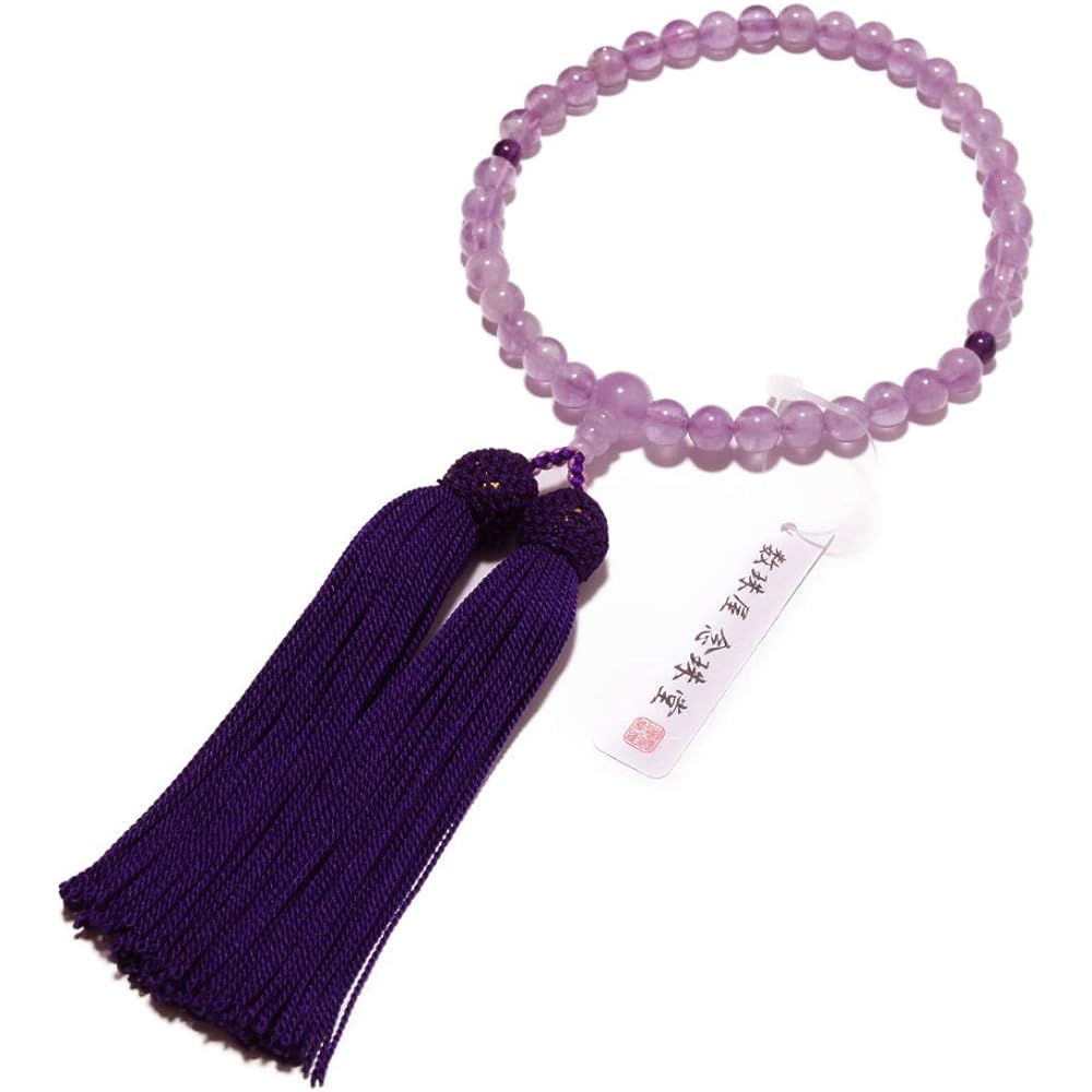 Prayer beads <Made in Japan> Women's high-quality natural stone Fuji cloud stone, amethyst crystal, pure silk tassel, prayer bead bag included, purple (tassel color), handmade prayer beads, domestically made prayer beads that can be used by all sects [Lo