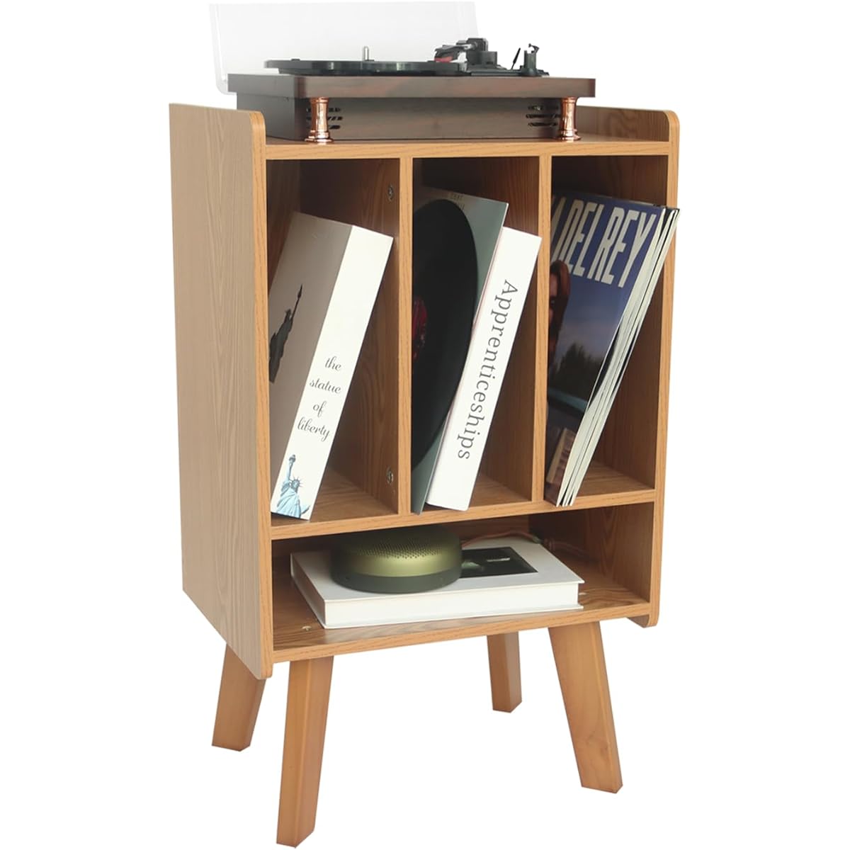 AWASEN Record Player Stand with Vinyl Storage Turntable Stand with Record Storage Vinyl Record Table Holds Up to 100 Albums 3 Tier End Table with Wooden Legs for Living Room Bedroom Office (Brown)