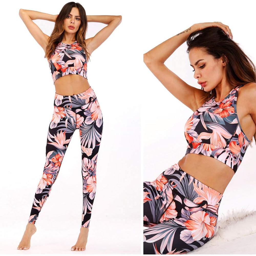 [Teddy] Fitness Wear Women's Yoga Wear Top and Bottom Set Sports Bra with Cups Leggings Floral Pattern yoga026