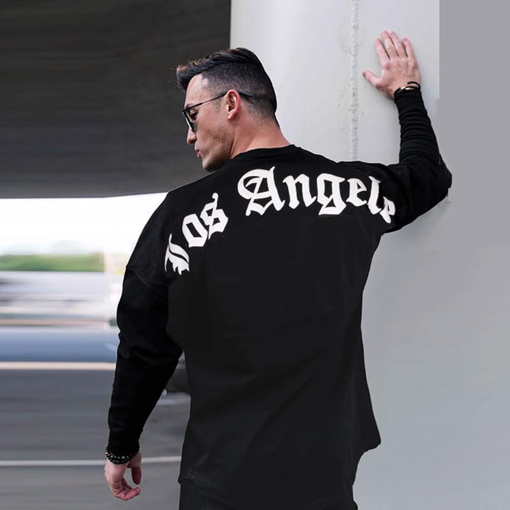 [Manatsulife] Men's Long Sleeve T-Shirt Pullover Round Neck Oversized Alphabet Training Wear Fitness Sports Muscle Training Gym Sweat Stylish Spring Autumn Winter WY86