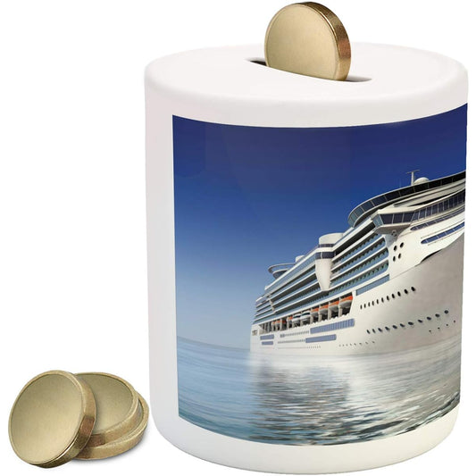 Ambesonne Cruise Ship Piggy Bank White Cruise Ship Calm Sea and Blue Sky Ceramic Piggy Bank for Cash Saving 3.6" x 3.2" Blue & White