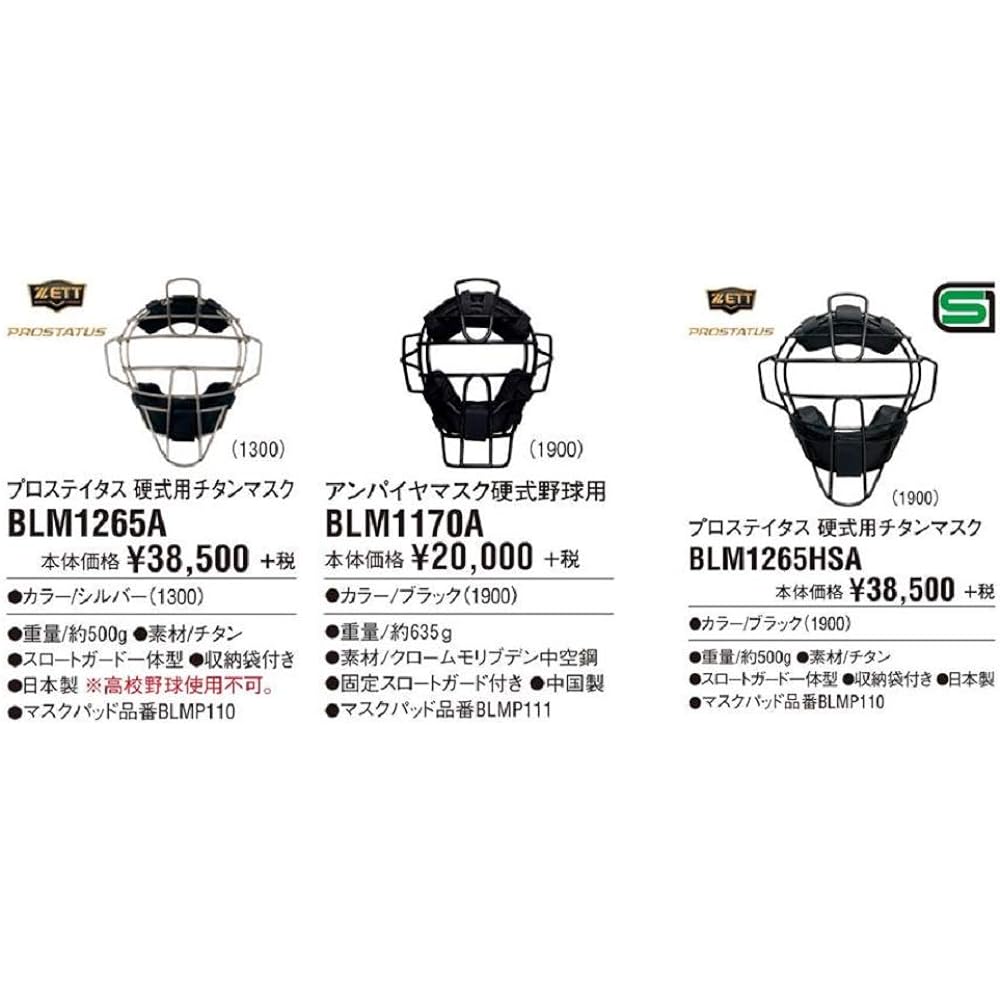 ZETT Armor Prostatus Hardball Mask Catcher BLM1265HSA SG Mark Compatible Product Black (1900) -