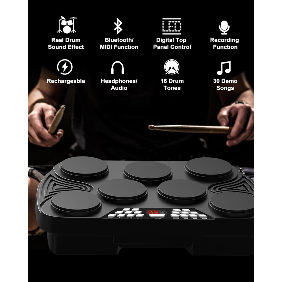 KONIX Electronic Drum Set, Tabletop Electric Drum Kit, 7 Pad Portable Digital Drum Pad Machine with Digital Panel, Built-in Speaker, PC Connection Support, Perfect Gift for Teens and Adult Beginners