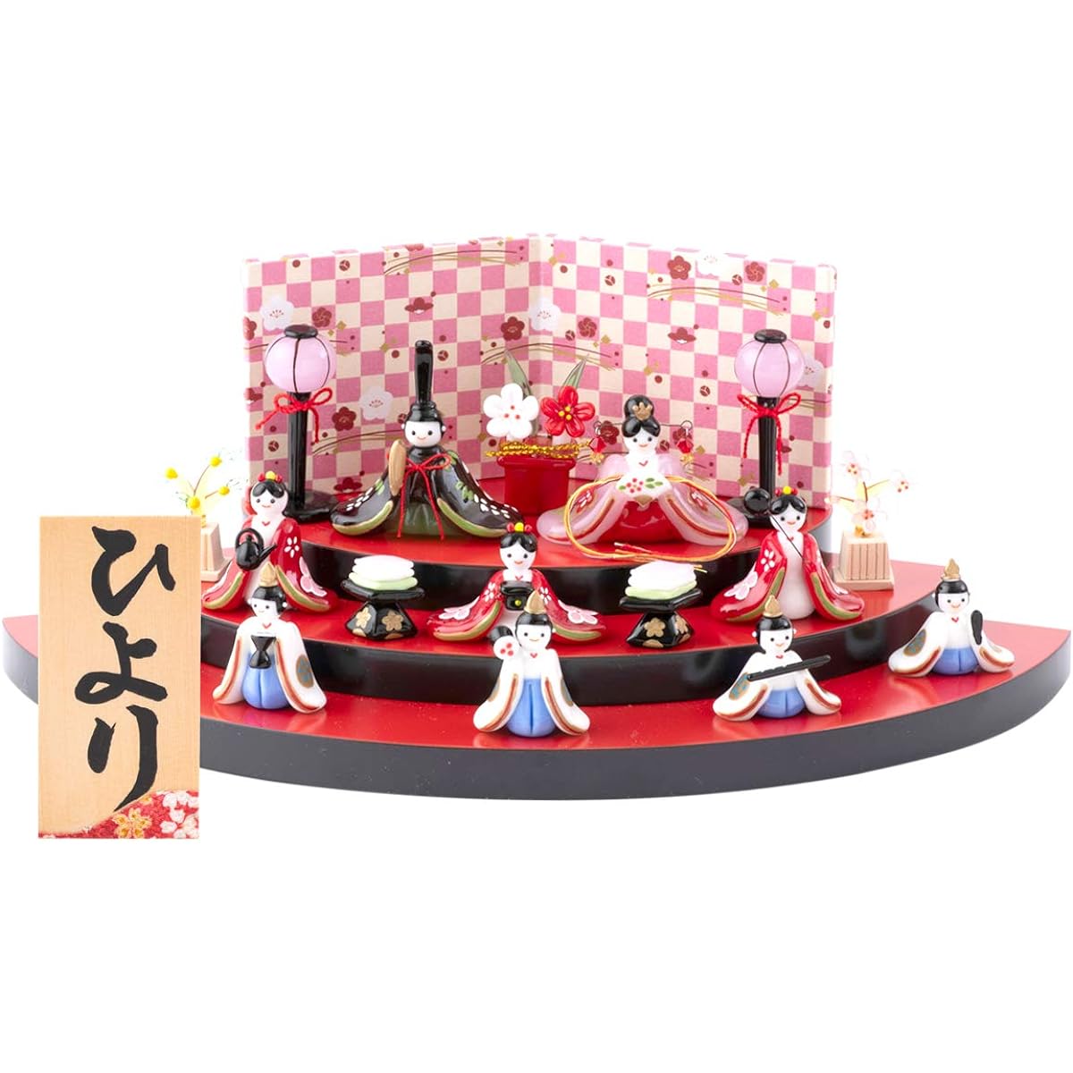 Hina Dolls, Miniature Fan-Shaped Three-Tiered Display, Hikarihime Hina, Glasswork, Personalized, Comes with a Wooden Name Tag (Sent Separately), S Red (FUN fun)