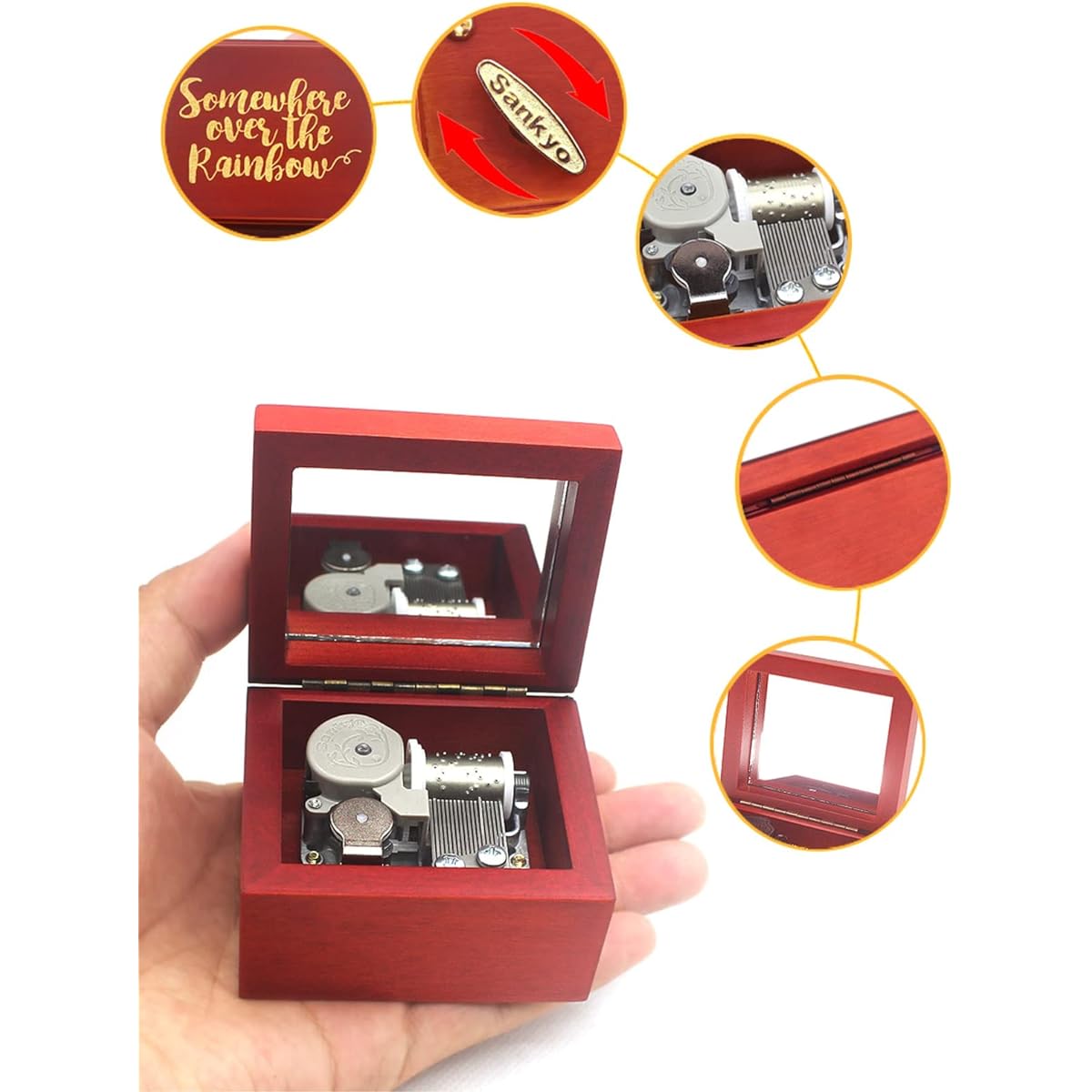Sinzyo Music Box Carved Wooden Wind Up Music Box Gift for Christmas Birthday Valentine's Day (Red Box Tune: Somewhere)
