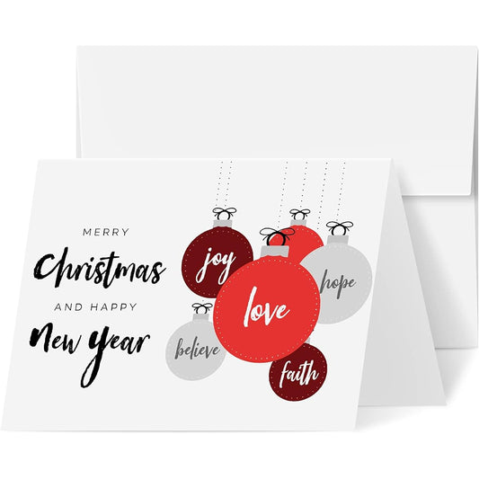 2022 Merry Christmas and Happy New Year – Love Faith, Hope, Joy Believe Greeting Cards for Christmas New Year Holidays | 4.25 x 5.5 (A2 Size) | 25 Cards and 25 Envelopes