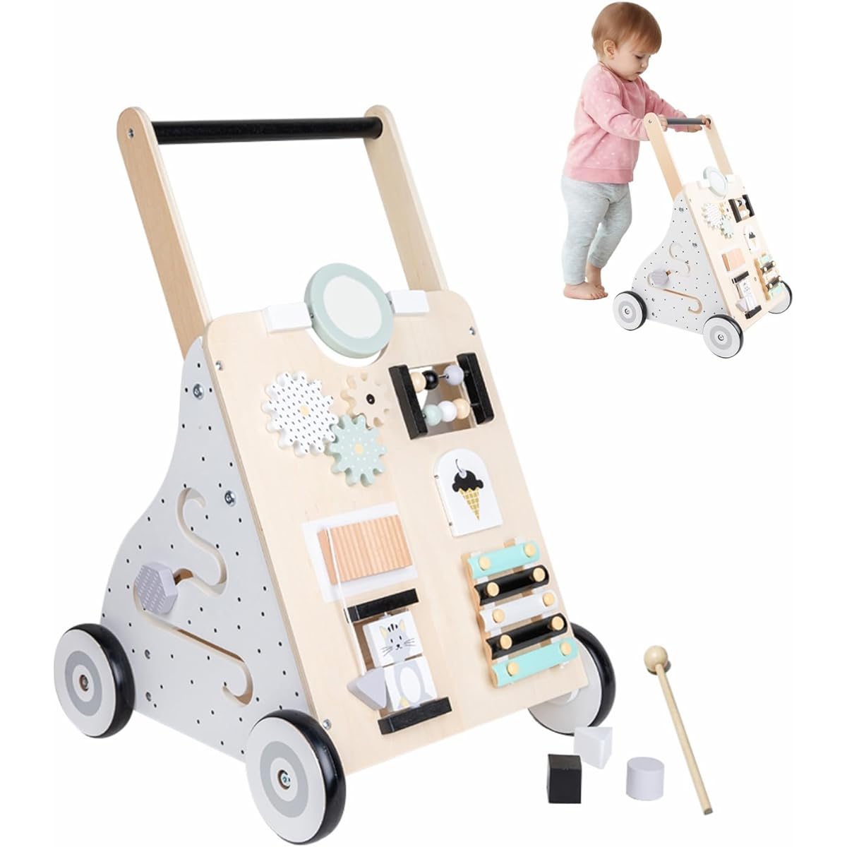HERQUEEN Wooden Baby Walker with Wheels Push & Pull Baby Walker Toddler Activity Walker Toy for Girls/Boys Learn to Walk, Develop Motor Skills, Stimulate Creativity