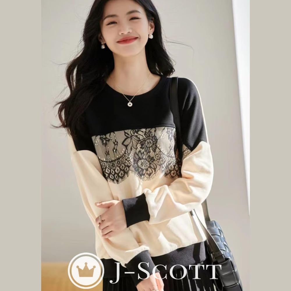 [J-Scott] Lace line tops, loose, bicolor, pullover, 10/4 sleeves, unlined, crisp, casual, women's JS101