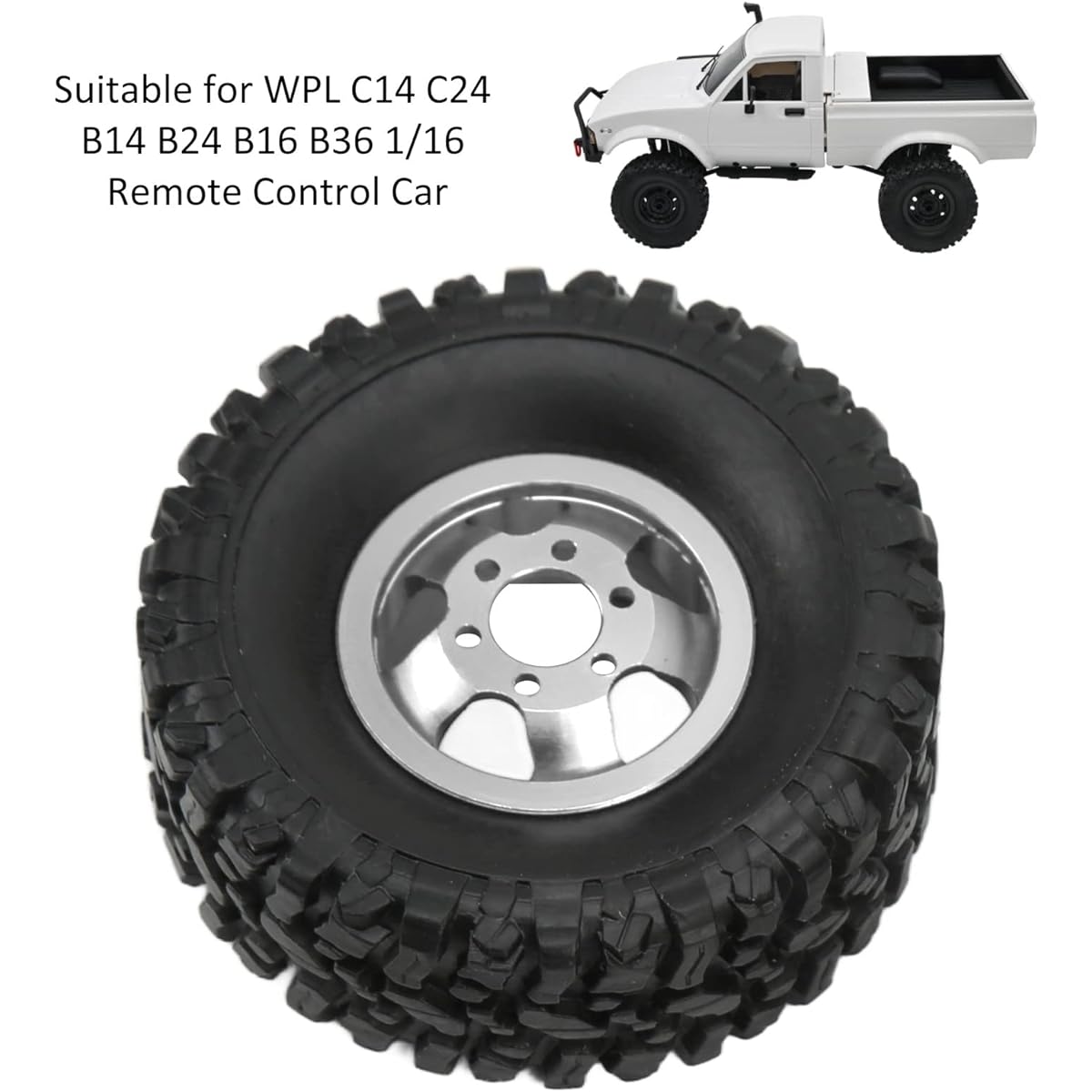 Rc Car Rubber Tires High Performance RC Wheel Rims and Tires Set Rc Tires with Aluminum Alloy Wheel Hubs for Wpl C14 C24 B14 B24 B16 B36 1/16 RC Car (Silver) Car Model Accessories