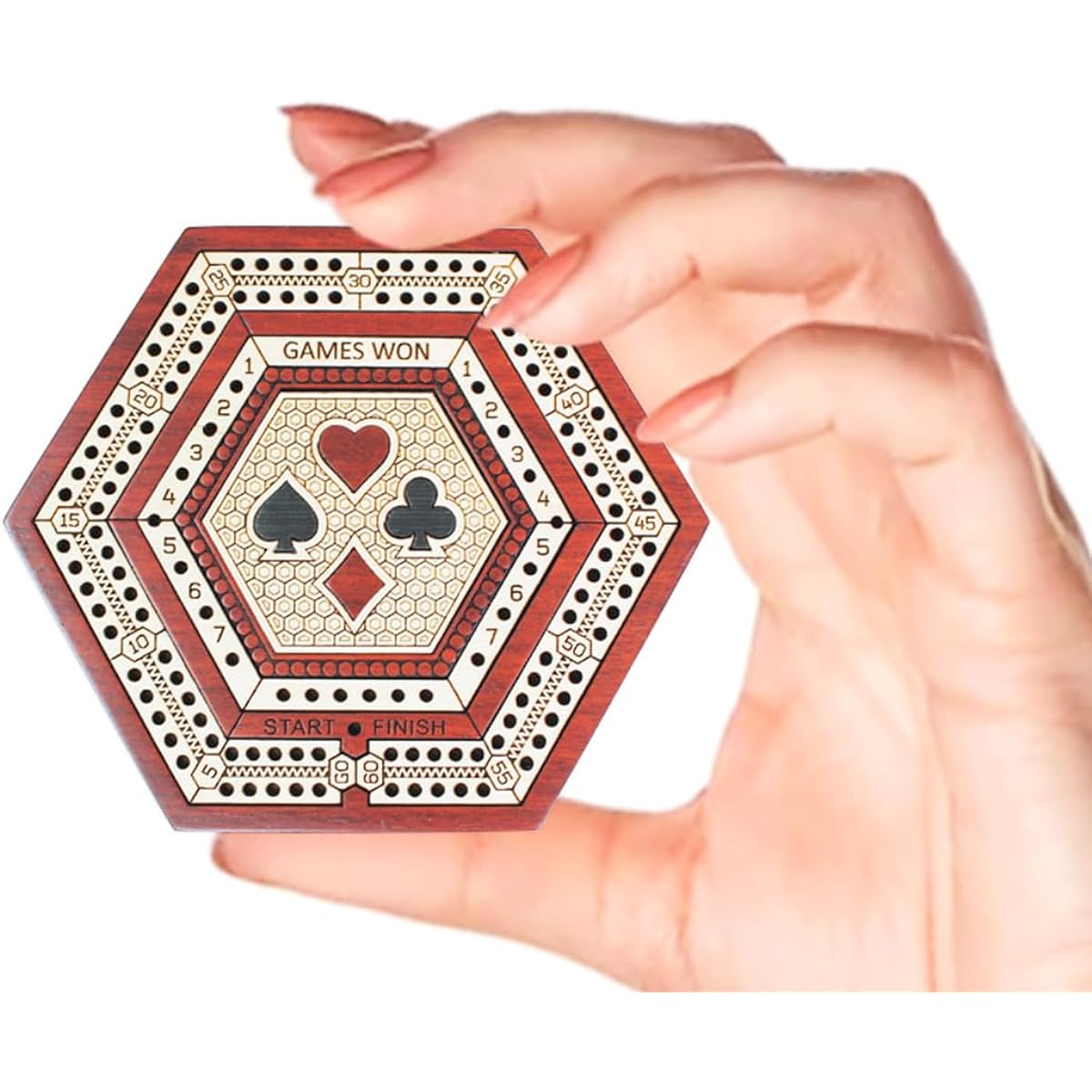 House of Cribbage - 2 Tracks 60 Points - Hexagonal Pocket Size Wooden Travel Cribbage Board - Size 4 Inch (Bloodwood/Maple Wood)