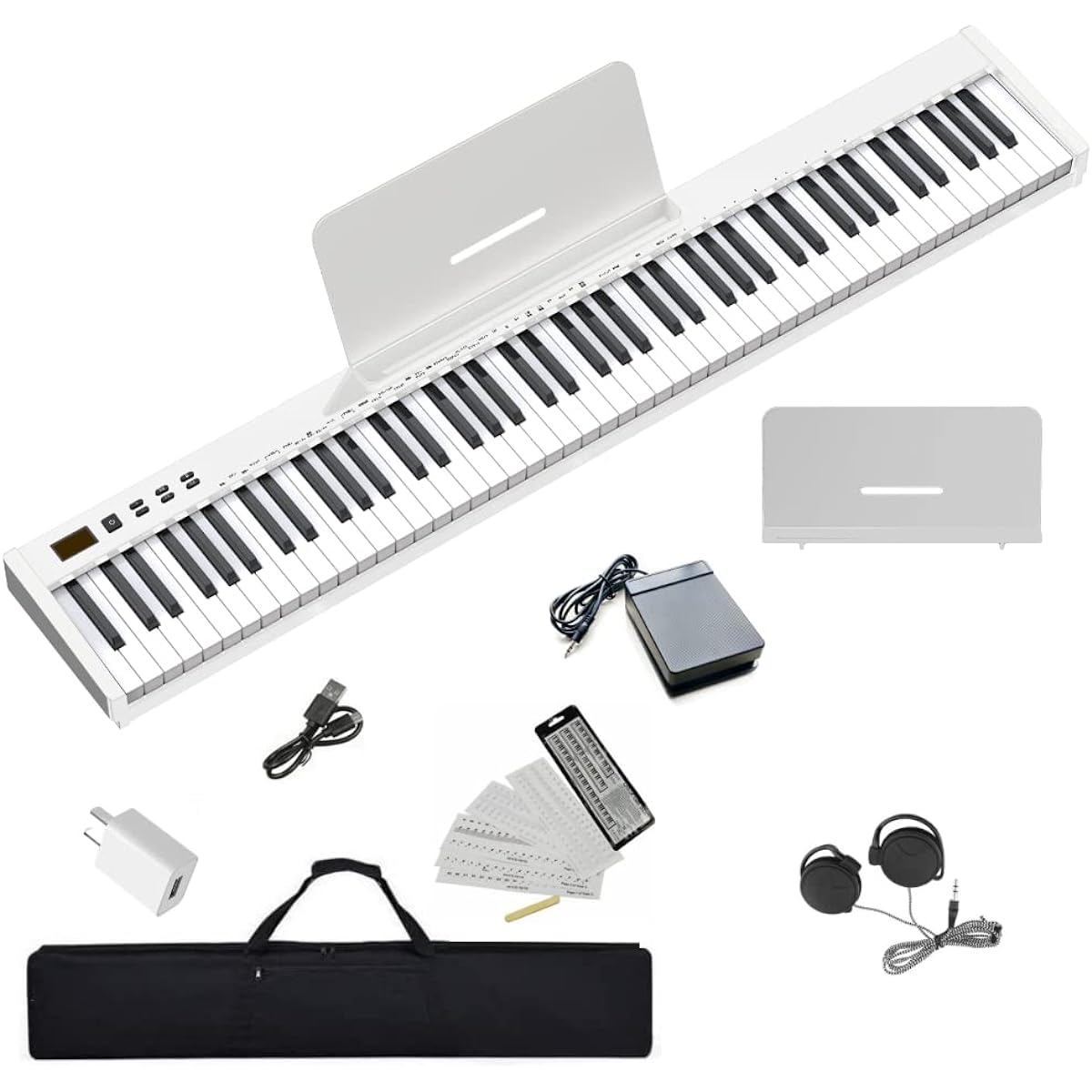 NikoMaku Electronic Piano 88 Keys SWAN-S Japanese Notation MIDI Compatible Compact Lightweight Two Stereo Speakers Slim Design Rechargeable Beginner Stand Soft Case Pedal Practice Earphones Includes Keyboard Sticker (White)