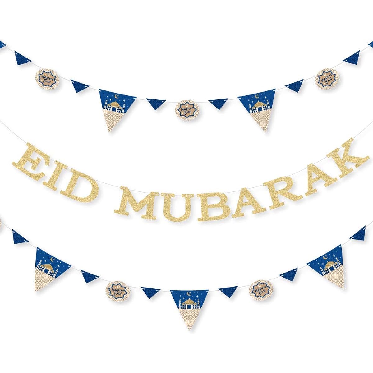 Ramadan - Eid Mubarak Letter Banner Decoration - 36 Banners Cutouts and Stainless Authentic Gold Glitter Eid Mubarak Banner Letters