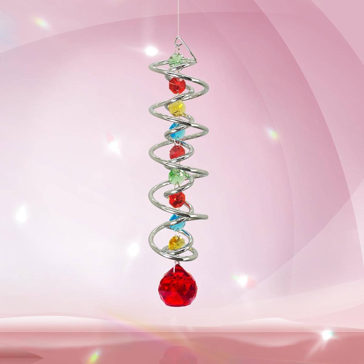 FONMY Observation Ball Spiral Tail - Decorative Wind Spinner Suncatcher Rainbow Maker Double Spiral with Red Crystal Ball and Chain Crystal Indoor Outdoor Garden Decor - 14 Inches Tall