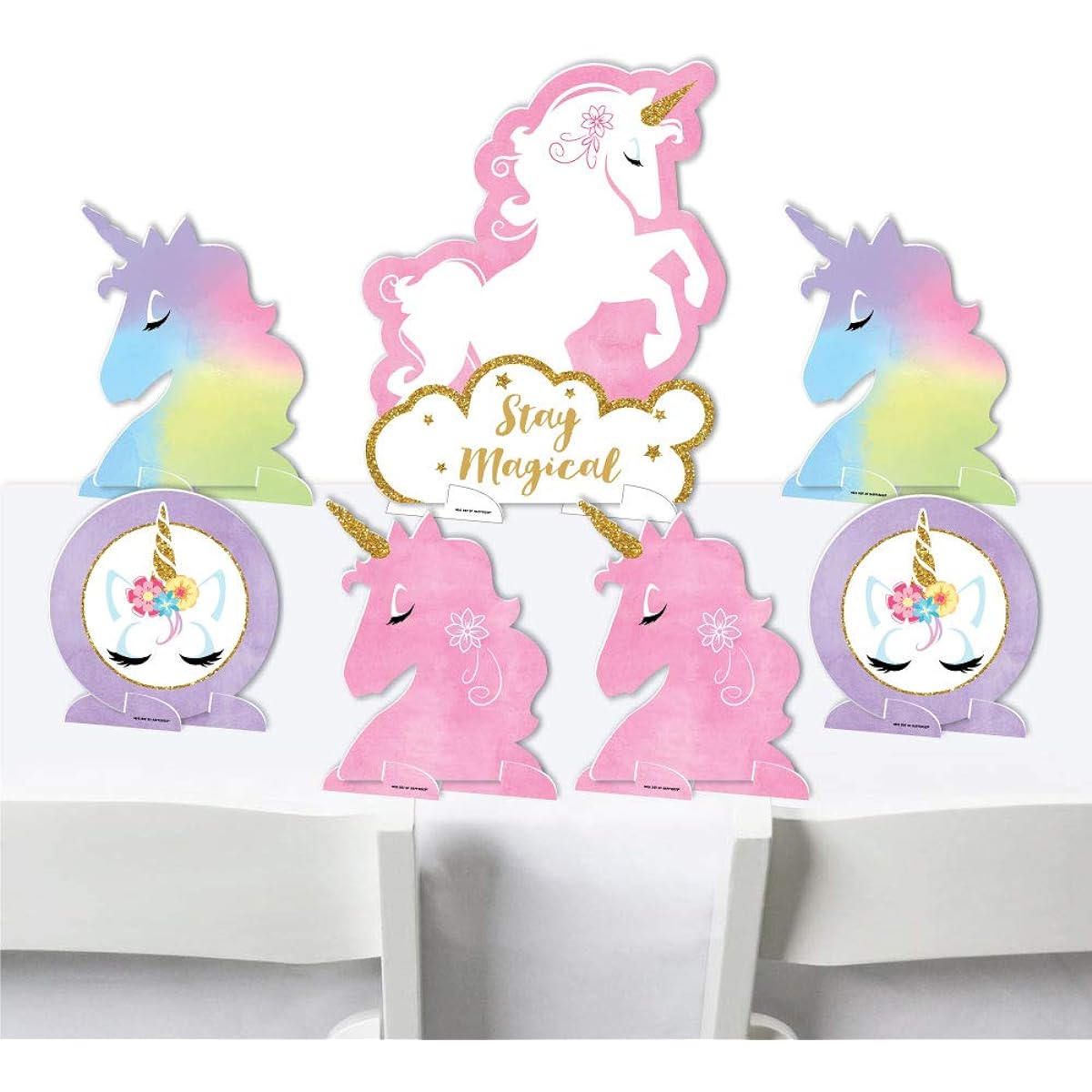 Rainbow Unicorns - Magical Unicorn Baby Shower or Birthday Party Centerpieces and Buffet Table Decorations - Tabletop Stand Ups - Set of 7