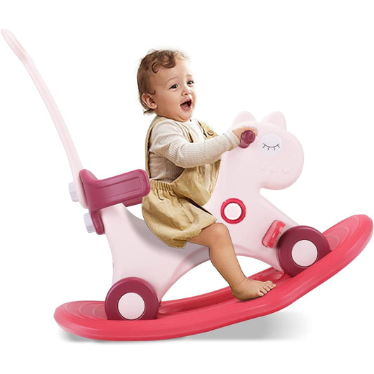4-in-1 Rocking Horse for Toddlers 1-3 Years Old Balance Bike Ride-on Toy Push Handle Backrest Balance Board for Baby Girls Boys Unicorn Kids Horse Riding Birthday (Red)