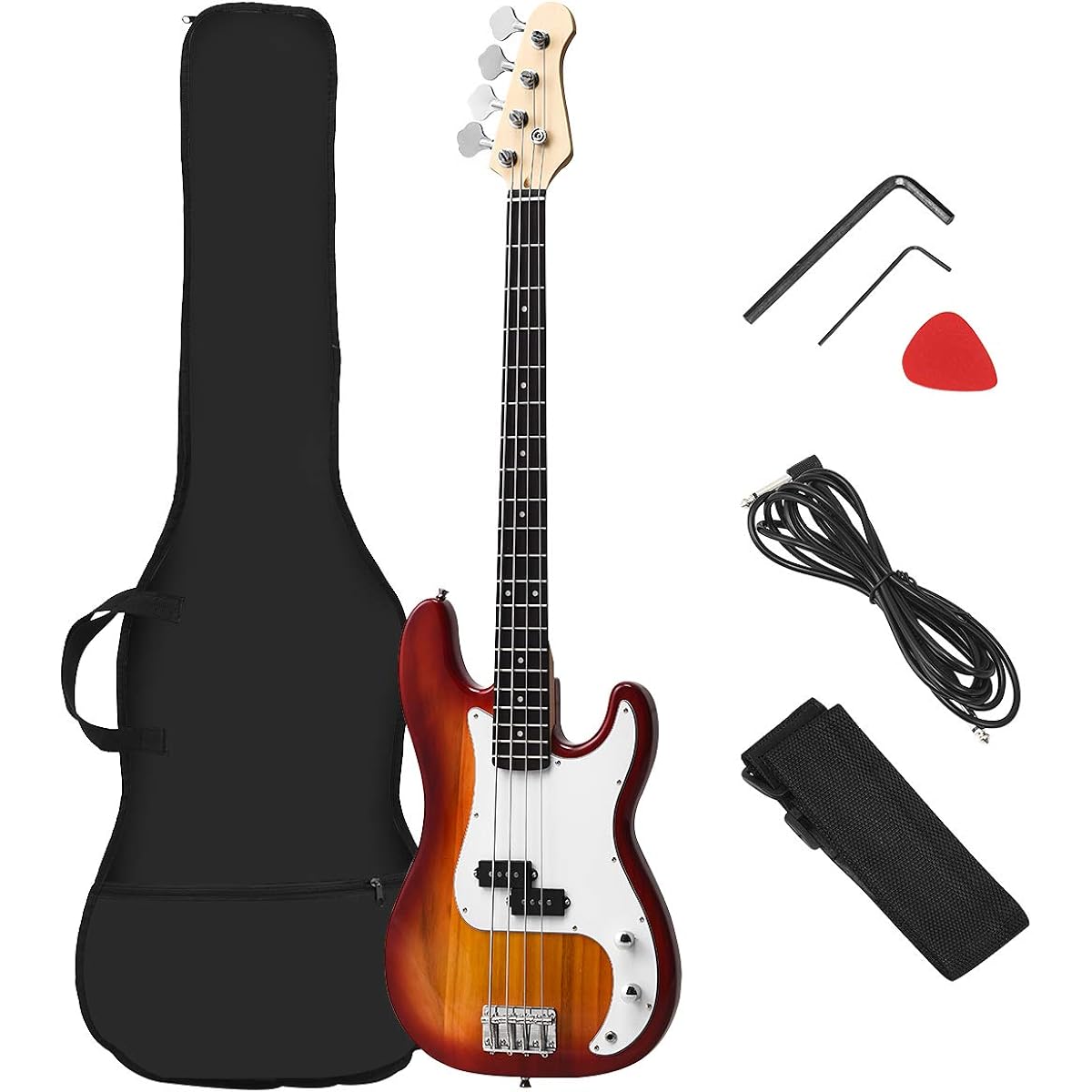Costzon Full Size Electric 4 String Bass Guitar Beginner Complete Kit with Rose Fingerboard and Bridge, 2 Pickups, Tone Control, Guitar Bag, Strap, Guitar Picks, Amp Cord (Sunburst)