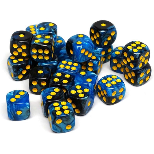 12mm d6 Black & Blue Swirl w/Yellow (25)