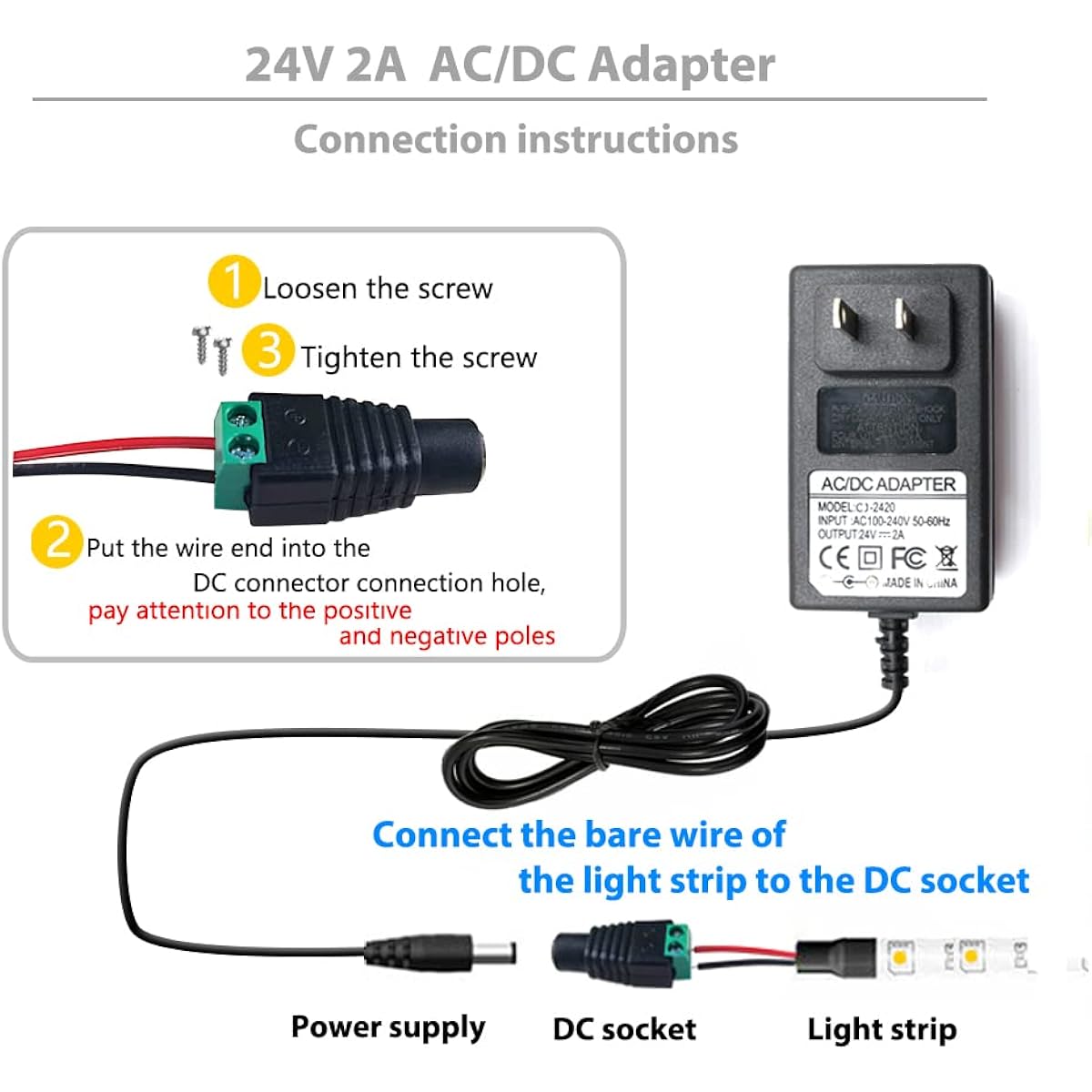 Arotelicht 24V 2A Power Adapter 48W US Plug, Converter AC to DC 24V Transformer AC 100-240V Jack 5.5mm x 2.5mm for SMD 3528 5050 RGB LED Strip Light, Wireless Router