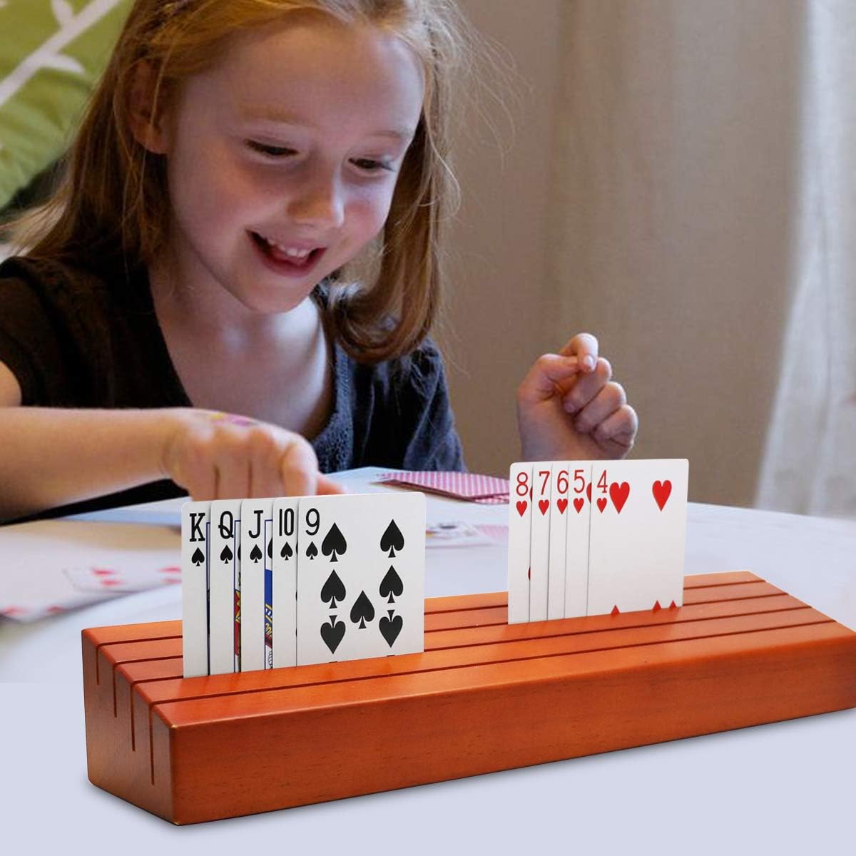 Set of 2 Wooden Playing Card Holders Solid Card Tray Rack Organizer for Kids, Seniors and Adults - 13.8" 3.1" Extended Edition Long Enough for Canasta Strategy Card Playing