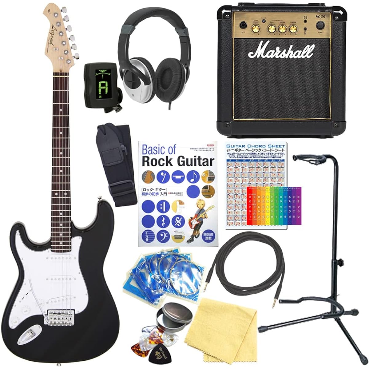 Left-handed electric guitar beginner Strat type Legend LST-Z LH BK 15-piece set with Marshall amplifier