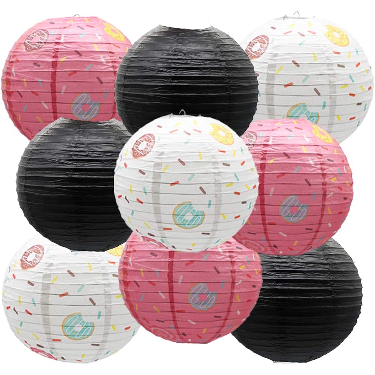 Meiduo Donut Party Supplies 9pcs Hanging Paper Lanterns Help Donut Grow Sweet Birthday Party for Boys Girls Kids Baby Shower Ice Cream Party Decorations Black White Pink