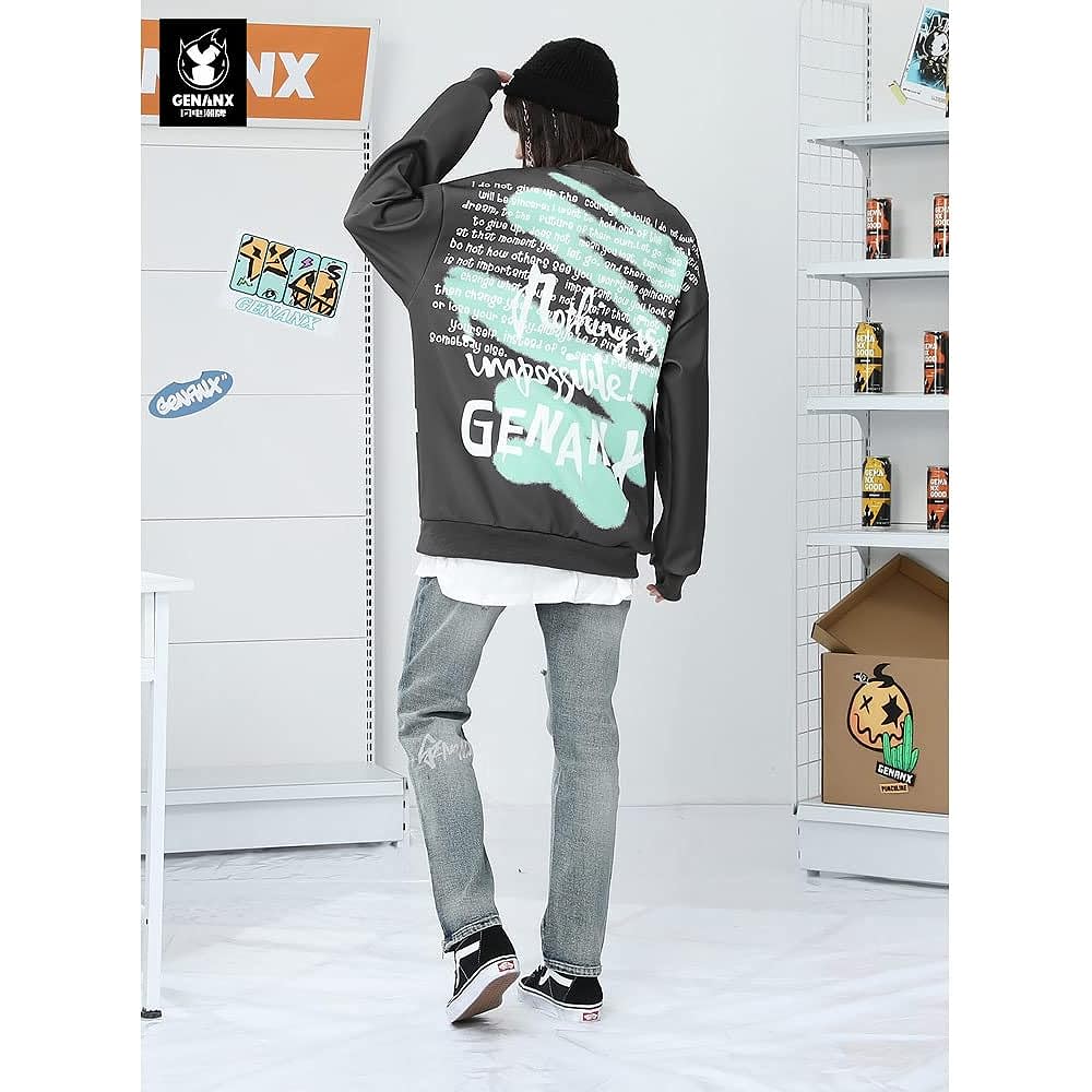 [Genanx] Unisex Graphic Typography Print Loose Fit Pullover Sweatshirt Detachable Bum Bag Crew Neck Hoodie
