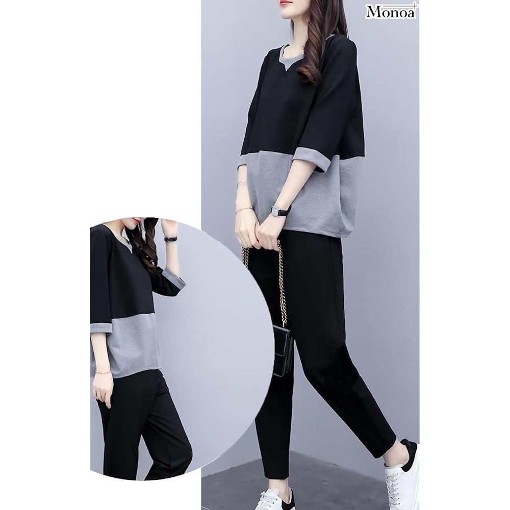 Monoa Jersey Top and Bottom Set, Short Sleeve, Bicolor, Cut and Sew, Long Pants, 2 Piece Set, Loungewear Setup, Women's