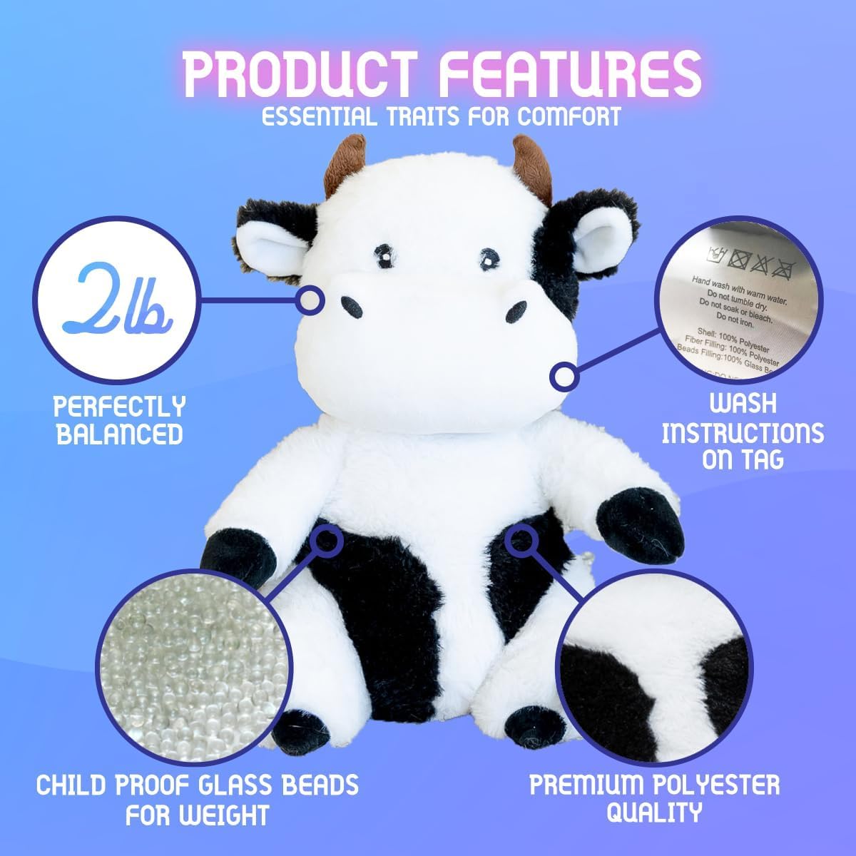 Goldenora Original Cozy Cow Plush Pillow. Premium Squishy Weighted Throw, Cuddly Stuffed Animal for Kids and Adults (9 Inch, 2 Pounds)