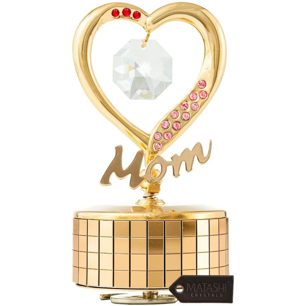 24K Gold Plated Mom Heart Wind-Up Music Box Table Top Ornament with Crystals by Matashi- Love Story