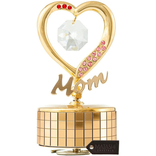 24K Gold Plated Mom Heart Wind-Up Music Box Table Top Ornament with Crystals by Matashi- Love Story