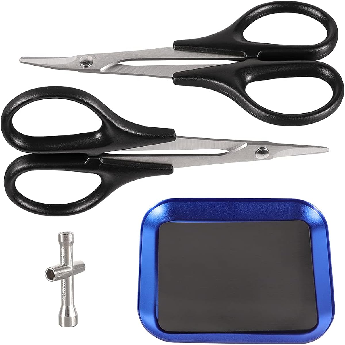 WEISHUJI RC Body Trimming Scissors Straight & Curved RC Body Trimming Scissors Set with Blue Screw Tray & Cross Wrench for RC Car Truck Buggy Lexan Plastic Body Shell Helicopter Canopy 4pcs