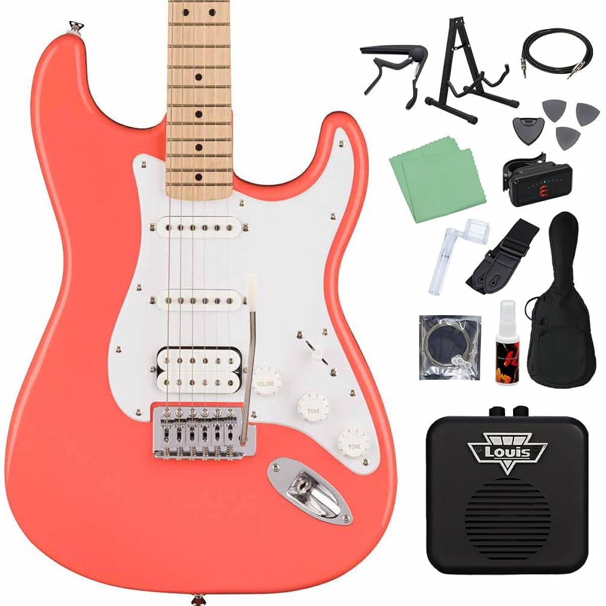 Squier by Fender SONIC STRATOCASTER HSS Tahitian Coral Electric Guitar Beginner 14-piece Set [With Mini Amp] Stratocaster Squier/Squier