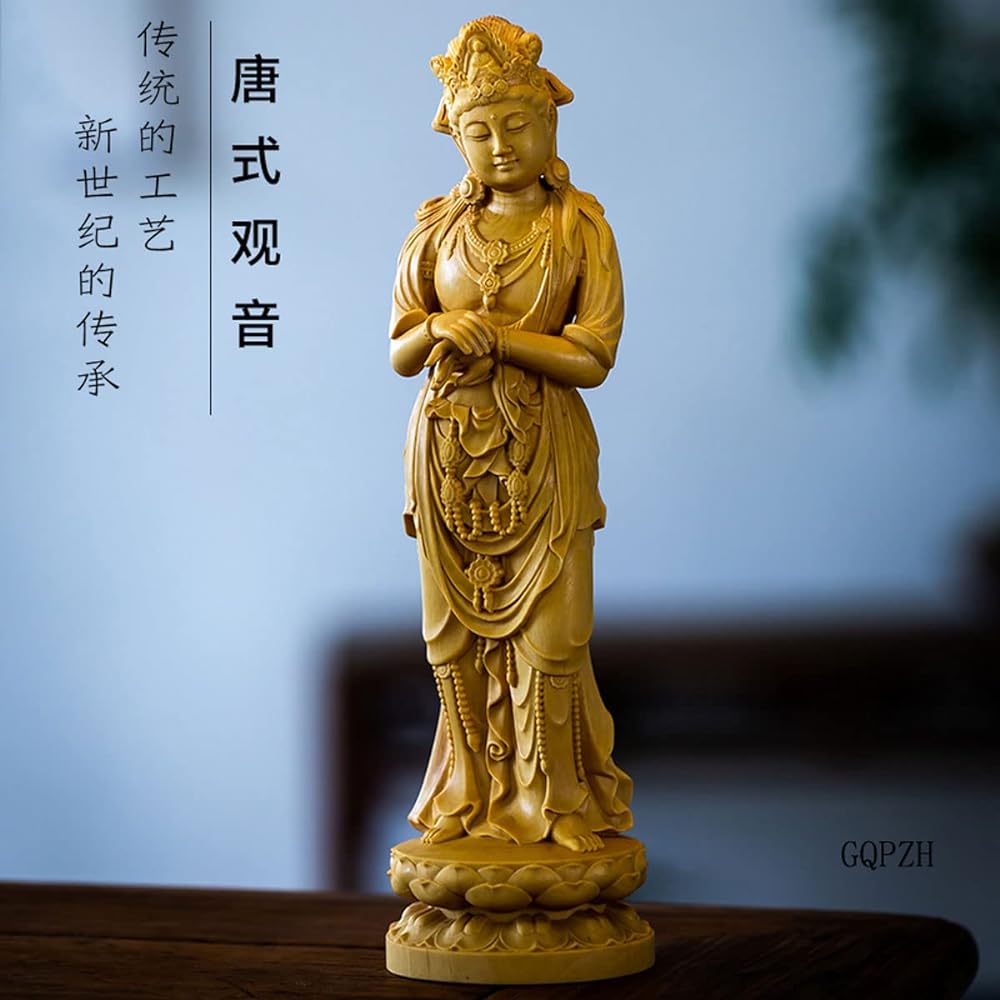 Wood Carving Buddha Statue Kannon Statue Kanzeon Bodhisattva Statue 20cm High Quality Natural Boxwood Wood Carving Art Figure Protective Principal Image Amulet