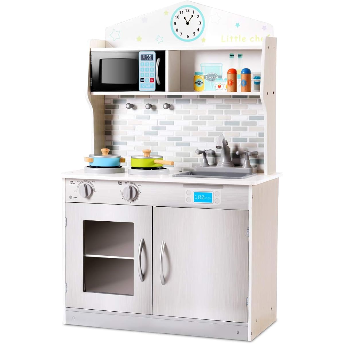 Costzon Kids Kitchen Playset Wooden Cookware Pretend Play Cooking Food Set Gift Toy for Toddlers 37.5" Height Silver FWAM-01736