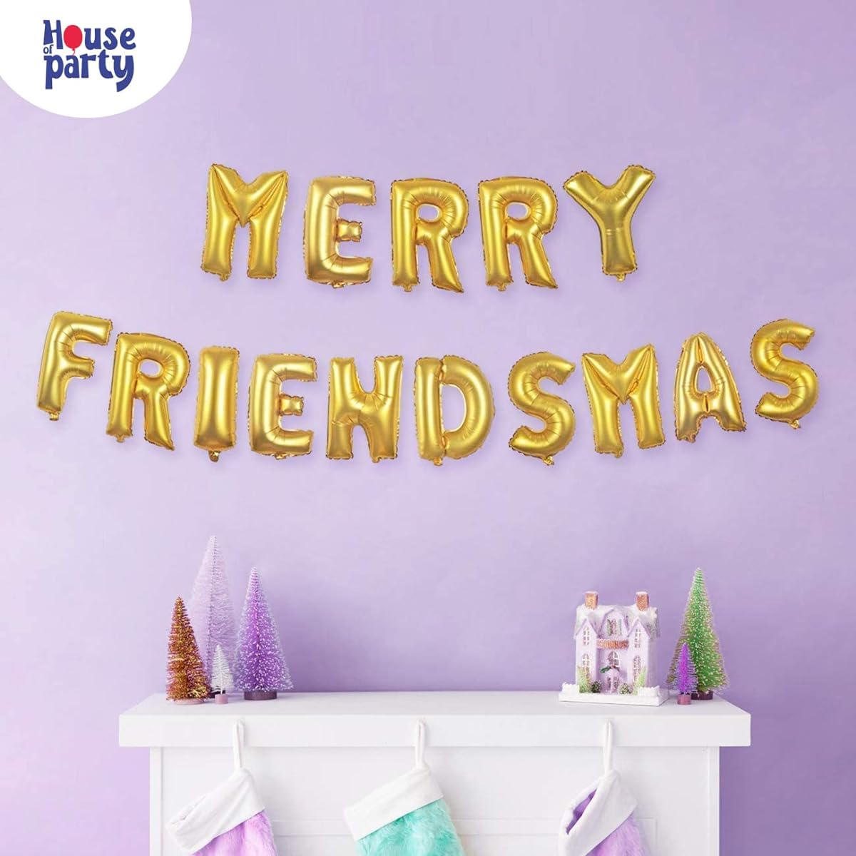 PARTYPAX Merry Friendsmas 16" Foil Balloon Banner Kit - Gold Letter Mylar Balloons for Christmas Party Decorations and Photo Booth Backdrop