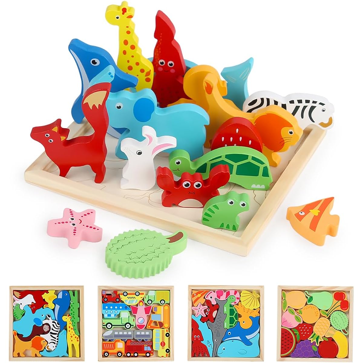 Wooden Puzzles for Kids 4 Pack Montessori Learning Toys Gifts for Preschoolers Ages 3+ 3D Multi-Theme Jigsaw Puzzles for Boys and Girls (Animals, Fruits, Transport, Marine Puzzle Set)