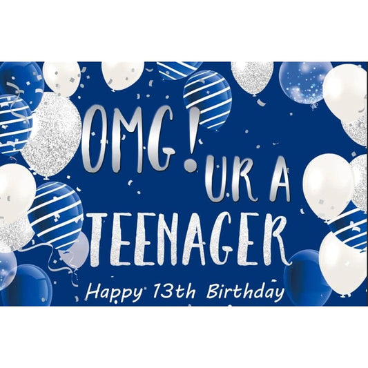 13th Birthday Background Banner OMG UR a Teenager 13th Birthday Photography Backdrop Blue Silver 13th Birthday Decorations for Boys 13th Birthday Party Background Poster Fabric 5x4ft