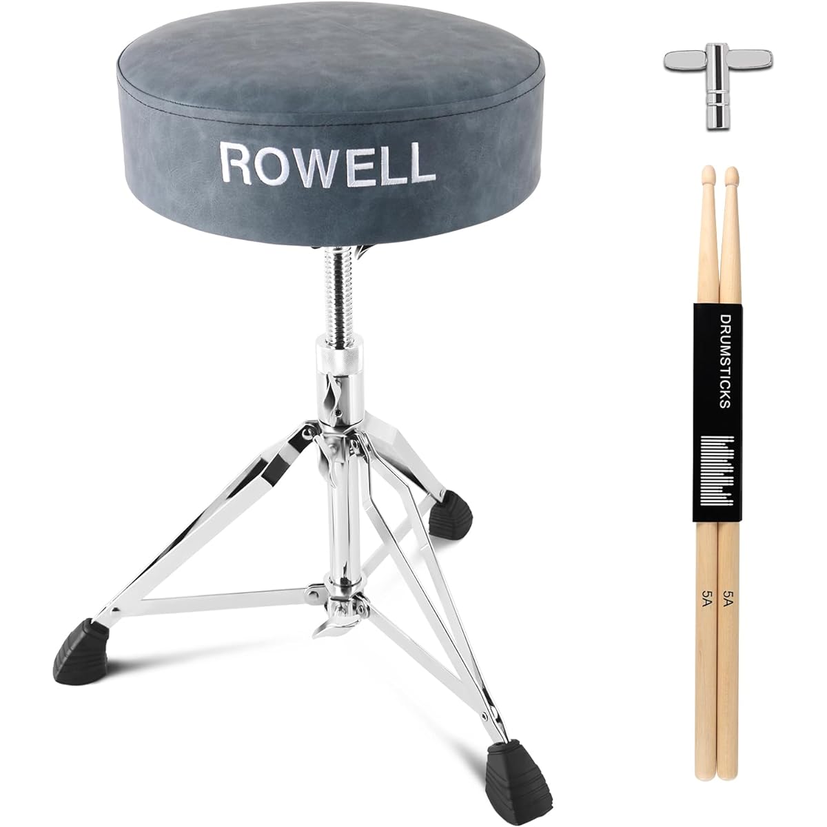 ROWELL Drum Throne Height Adjustable Drum Stool Drum Throne Thick Padded Double Support Anti-Slip Drum Seat Perfect for Adults and Drummers Drum Sticks Drum Keys (Textured Blue)